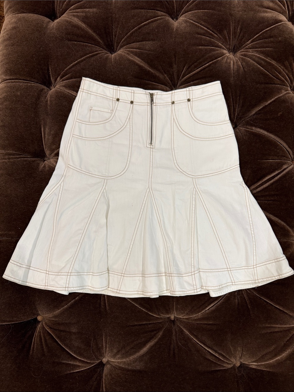 Pilcro / Anthropology Denim White Flared Stitch-Accent Skirt
